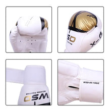 Load image into Gallery viewer, Adults kickboxing gloves with premium PU leather, high-density sponge and adjustable wrist strap, in white and gold design.