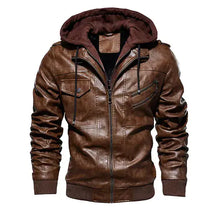 Cargar imagen en el visor de la galería, Men's comfortable hooded PU leather jacket in brown, featuring a stylish design with pockets and a cozy hood for added warmth.