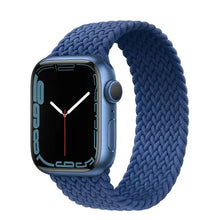 Load image into Gallery viewer, Blue nylon elastic strap for Apple Watch, compatible with Series SE/7/6/5/4/3/2/1, shown on watch face.