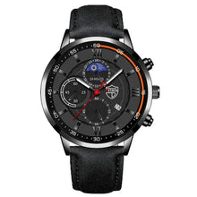 Load image into Gallery viewer, Men's casual leather watch with black strap and detailed black dial featuring multiple subdials for a timeless and elegant look.