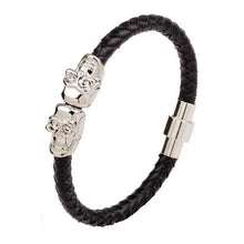 Cargar imagen en el visor de la galería, Classic hand woven multi-layered vegan leather bracelet with skull design, men's stylish accessory in black with metallic accents.