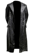 Load image into Gallery viewer, Black vegan leather trench coat with button closure and lapel collar, providing warmth and style for winter wardrobe.