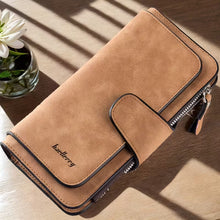 Cargar imagen en el visor de la galería, Vintage Faux Leather Long Wallet – Trifold Credit Card Holder with Snap & Zipper