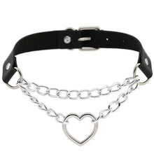 Load image into Gallery viewer, Black leather choker with silver heart and chain design, modern accessory