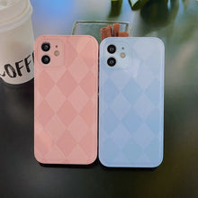 Cargar imagen en el visor de la galería, Pink and blue retro leather phone cases with a diamond pattern, showcasing stylish and durable vegan PU leather design by Jelly Cases.
