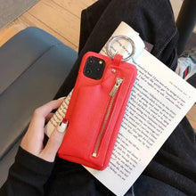 Load image into Gallery viewer, Red luxury zipper PU leather wallet case for iPhone with built-in wallet feature, elegant design