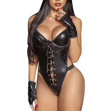 Load image into Gallery viewer, Woman wearing latex leather sexy lingerie with V-neck and laced front, showcasing seductive design and vegan leather gloves.
