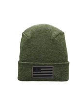 Load image into Gallery viewer, American Flag Beanie - H-Stitch Circular Knit Cuffed Beanie - Patented Design and Made in USA, green with black flag patch.