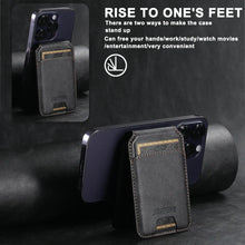 Cargar imagen en el visor de la galería, Luxury leather mobile magnetic card holder on iPhone, versatile stand functionality for hands-free convenience.
