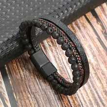 Load image into Gallery viewer, Classic men's leather bracelet with black and brown beads, showcasing stylish elegance and masculine confidence on a wooden surface.