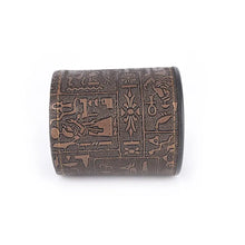 Load image into Gallery viewer, Egyptian pattern brown leather rune dice cup with ancient symbols, handcrafted for gaming or divination enthusiasts.