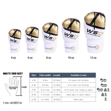 Load image into Gallery viewer, Size guide for kickboxing gloves showing various sizes from 4 oz to 12 oz with suitable age groups and hand measurements.