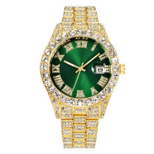 Cargar imagen en el visor de la galería, Luxurious Diamond Roman Wrist Watch with gold stainless steel and green face, featuring a diamond-encrusted bezel for sophisticated style.