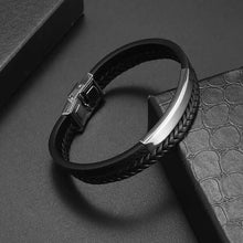 Cargar imagen en el visor de la galería, Classic hand woven multi-layered vegan leather bracelet in black with silver detail, ideal for men's fashion, sophistication and style.