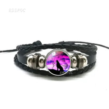 Load image into Gallery viewer, Handmade leather bracelet with wolf and full moon design in vibrant colors