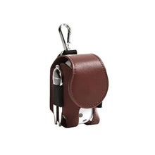 Load image into Gallery viewer, Mini leather golf ball pouch with snap closure, featuring durable brown leather, metal clip, and space for balls and tees.