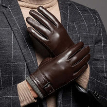 Load image into Gallery viewer, Man wearing men's winter leather gloves with cashmere lining, stylish and warm for the winter season.