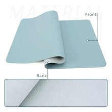 Load image into Gallery viewer, Light blue leather suede desk mat showing front and back detail enhancing workspace elegance and protection.