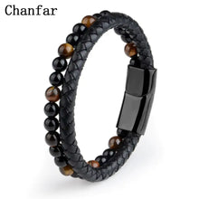 Load image into Gallery viewer, Men's bracelet with natural stone accents and genuine leather band, featuring a polished black clasp for added elegance.