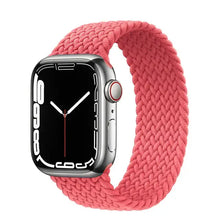 Load image into Gallery viewer, Apple Watch with pink nylon stretchable band for models 38mm to 45mm, Series SE/7/6/5/4/3, showcasing stylish braided design.
