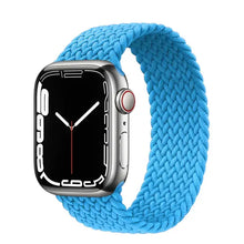 Load image into Gallery viewer, Blue nylon elastic strap for Apple Watch, compatible with series SE/7/6/5/4/3/2/1, showing the watch face.