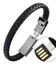 Cargar imagen en el visor de la galería, Black USB leather charging braided bracelet with connector detail, combining style and technology for convenient device charging on the go.