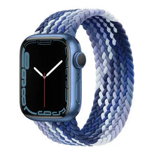 Load image into Gallery viewer, Braided blue and white nylon strap for Apple Watch, compatible with Series 1-7, sizes 38mm to 45mm, stretchable and adjustable for comfort.