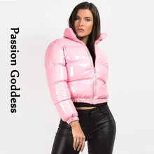 Load image into Gallery viewer, Woman wearing a shiny pink PU leather winter jacket by Passion Goddess