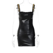 Cargar imagen en el visor de la galería, Elegant sleeveless PU leather mini dress with gold accents, perfect for parties and night outs, vegan leather, sophisticated style.