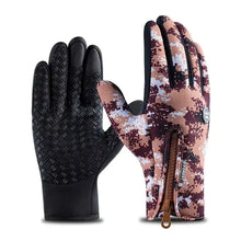 Load image into Gallery viewer, Camo and black thermal waterproof gloves with reinforced palms for outdoor activities like cycling and hiking, featuring a zip closure.