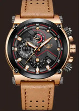 Load image into Gallery viewer, Elegant Lige Watch Edited with intricate black dial and brown leather strap, showcasing precision and sophisticated design