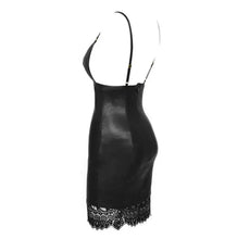 Load image into Gallery viewer, Bodycon Leather Mini Dress in black vegan leather with deep V-neck and spaghetti straps, featuring lace hem detailing.