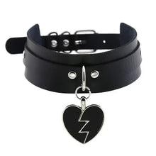 Load image into Gallery viewer, Black leather choker with a heart-shaped pendant featuring a lightning bolt design, showcasing bold and contemporary style.