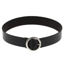 Load image into Gallery viewer, Black leather belt with round silver buckle, stylish accessory for fashion or formal wear