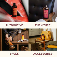Load image into Gallery viewer, Leather Care Kit used for automotive, furniture, shoes, and accessories showcasing non-toxic leather cleaner and conditioner.