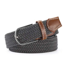 Load image into Gallery viewer, Elastic vegan leather belt with alloy buckle, premium comfort and style, imported grey and brown design.