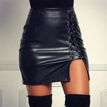 Load image into Gallery viewer, Belted vegan leather high-slit skirt, imported edgy chic design, perfect for bold style statements.