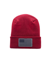 Load image into Gallery viewer, American Flag Beanie - H-Stitch Circular Knit Cuffed Beanie - Patented Design and Made in USA, featuring a red knit with flag emblem.