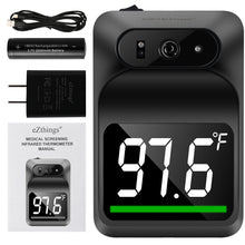Cargar imagen en el visor de la galería, eZthings medical screening infrared thermometer with battery, charger, and packaging on a white background