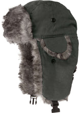 Load image into Gallery viewer, Morgan Unisex Faux Fur Trooper Hat in dark green with grey fur, warm and stylish winter headwear for men and women.
