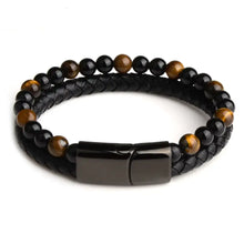 Load image into Gallery viewer, Genuine leather bracelet with natural stone accents, featuring black and brown beads for a sophisticated style accessory.