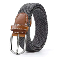 Load image into Gallery viewer, Elastic leather belt with alloy buckle, vegan leather, offering comfort and style, perfect for daily wear, in gray with brown accents.