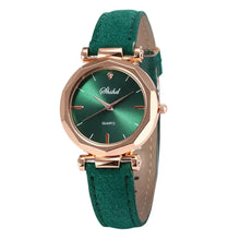 Load image into Gallery viewer, Sleek PU leather women's quartz wristwatch with green dial and rose gold accents, perfect for casual or formal occasions. Vegan-friendly, imported.