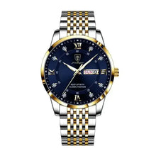 Load image into Gallery viewer, Men's stainless steel watch with sleek blue dial and gold accents, featuring date display and elegant two-tone band.