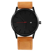 Cargar imagen en el visor de la galería, Leather Quartz Watch with black dial and tan vegan leather strap, featuring precise quartz movement for timeless elegance and comfort.