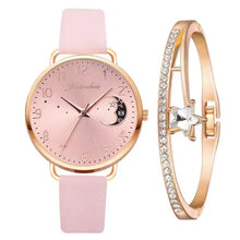 Cargar imagen en el visor de la galería, Pink Moon Bracelet & Watch Set with sparkling dial and star accents, perfect for adding elegance and sophistication to any outfit.