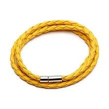 Load image into Gallery viewer, Yellow braided PU leather bracelet with metal clasp, vibrant fashion accessory.