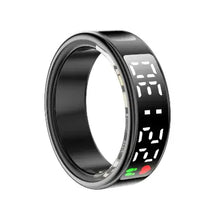 Load image into Gallery viewer, Smart ring with a digital display screen for notifications, fitness tracking, heart rate, and sleep monitoring, wearable on finger.