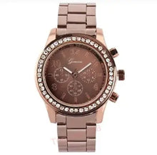 Load image into Gallery viewer, Luxury Women's Geneva watch with crystal-encrusted bezel and rose gold finish, epitomizing elegance and precision craftsmanship.