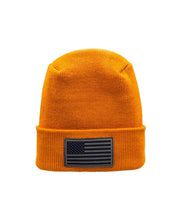 Load image into Gallery viewer, American Flag Beanie - H-Stitch Circular Knit Cuffed Beanie - Patented Design and Made in USA shown in orange with USA flag detail